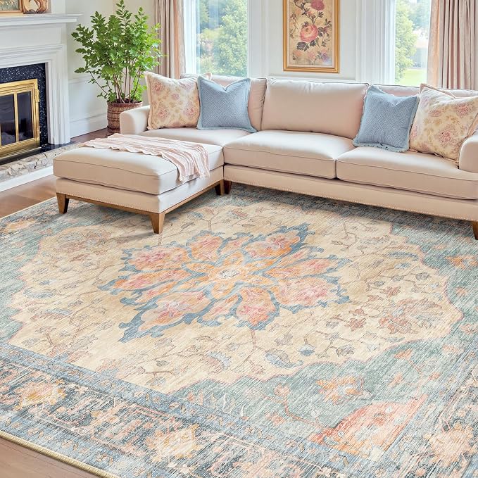 RELEANY Area Rugs 7'x10' Washable Non-Slip, Floral Vintage Distress Medallion