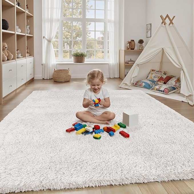 Area Rug for Living Room Bedroom: 4x6 White Soft Fluffy Shag Upgrade Non-Slip