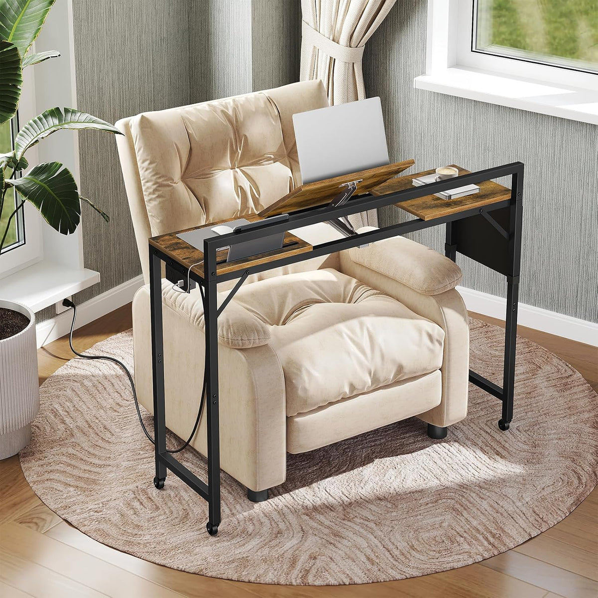 YATINEY Overbed Table with Wheels and Charging Station, 43.3" Recliner Table with Adjustable Stand and Storage, Chair Table for Sofa, Dormitory, Rustic Brown and Black SF03UBR