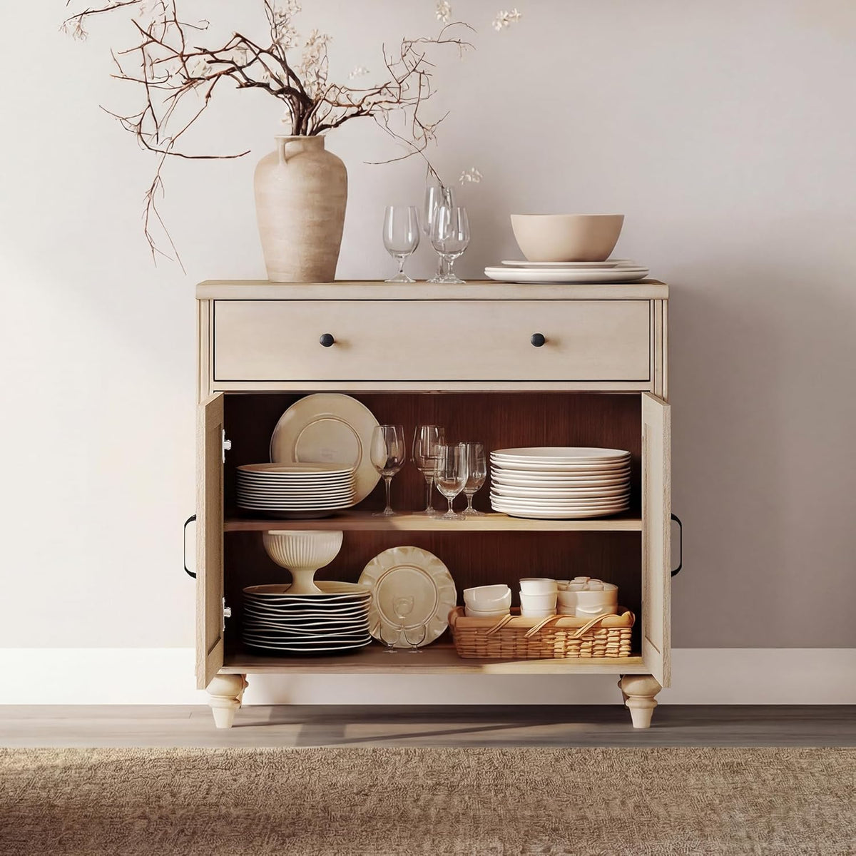 WAMPAT Farmhouse Buffet Cabinet with Doors & Drawer, Light Oak, 34 inch