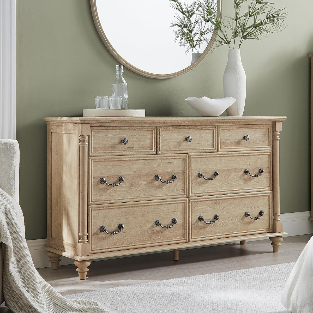 T4TREAM Farmhouse 7-Drawer Dresser with Solid Wood Feet, Natural Oak