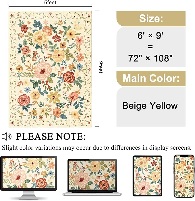DUKINO 6x9 Area Rug, Floral Rugs