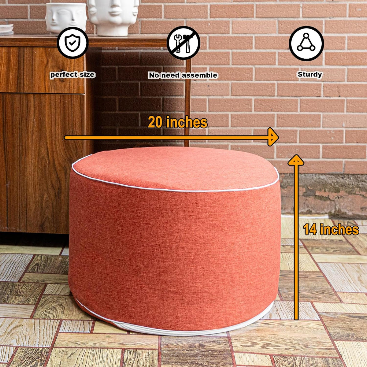 Outdoor Ottomans for Patio Pouf Waterproof Fade-Resistant Ottoman Foot Rest for Outdoor - Ottoman Chair Filled with High-Density All-in-One Foam, 20"D x 14"H Inches (Burnt Orange, Round)