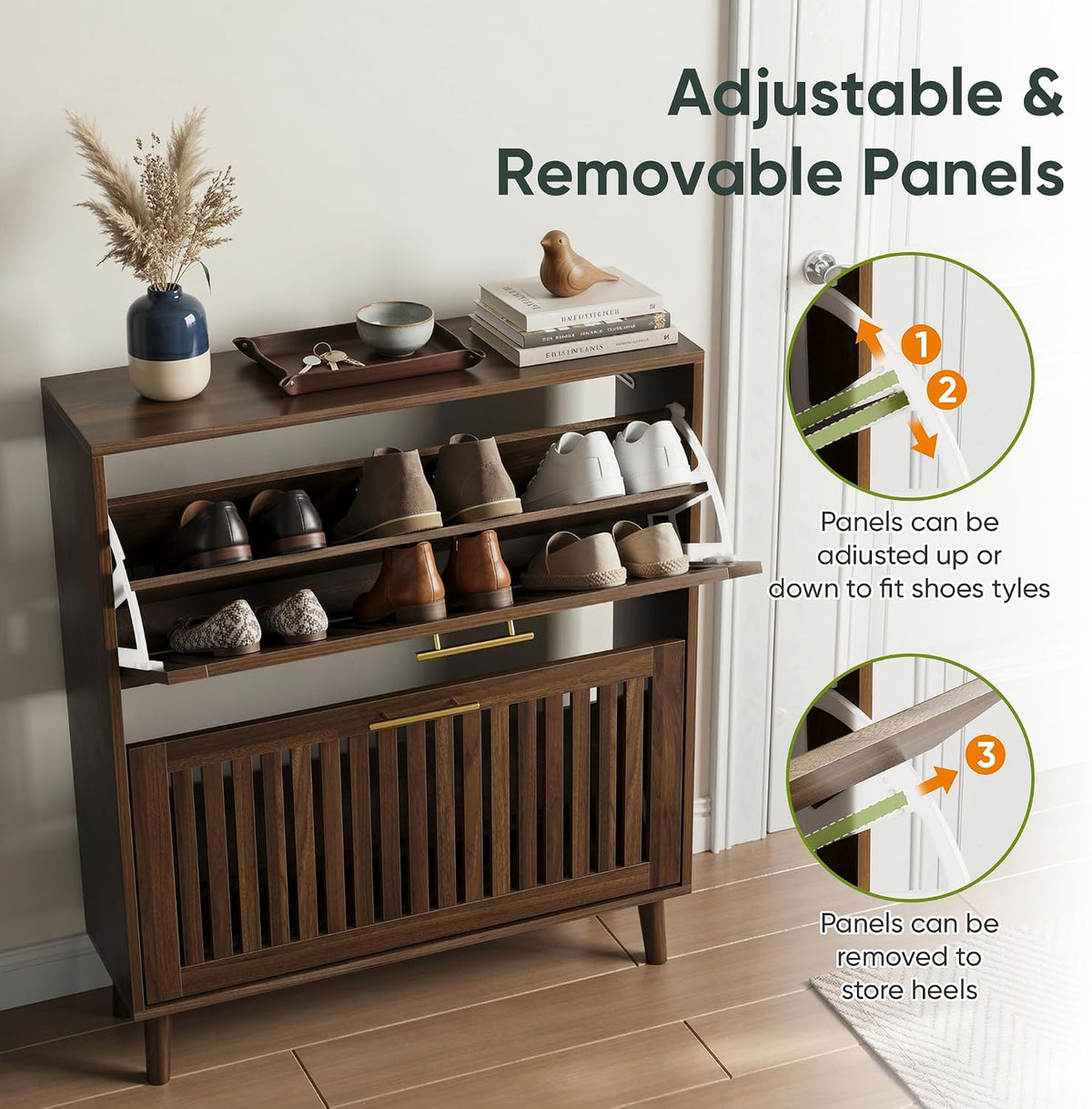 Smart FENDEE 31.5" W Shoe Cabinet Storage for Entryway with 2 Flip Drawers, Shoe Cabinet with Slatted Panel, Hidden Shoe Rack Freestanding Slim Shoes Organizer for Hallway, Entrance, Walnut
