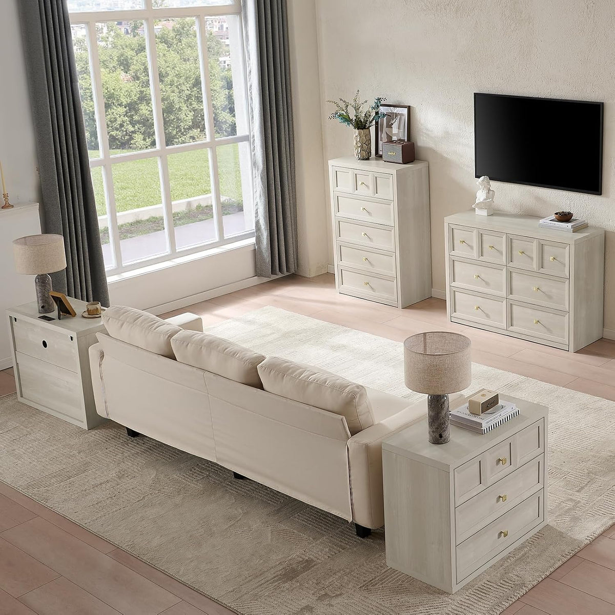 5 Drawers Dresser for Bedroom, 45.7" Tall Large Dresser & Chests of Drawers with Metal Handle, Clothes Storage Organizer Dresser w/Natural Texture for Bedroom, Living Room-Grey White