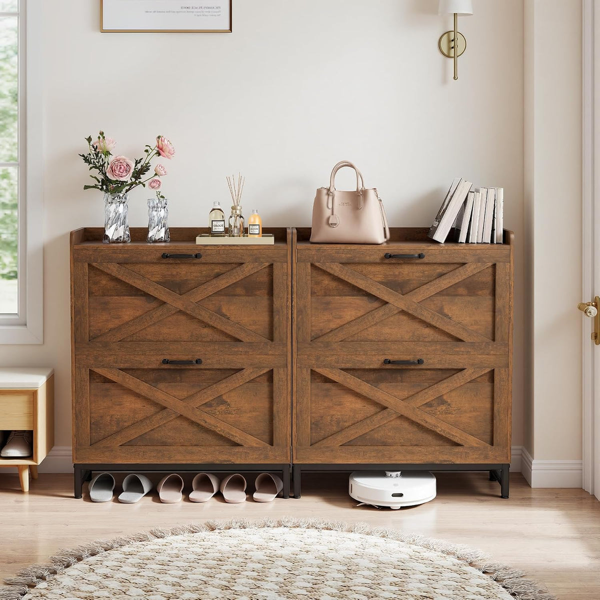 Miereirl Rustic Farmhouse Shoe Cabinet with 2 Flip Drawers, Narrow Entryway Shoe Storage Organizer for 12–16 Pairs, Space-Saving Hallway Shoe Rack with Metal Frame & Top Shelf for Bags & Decor