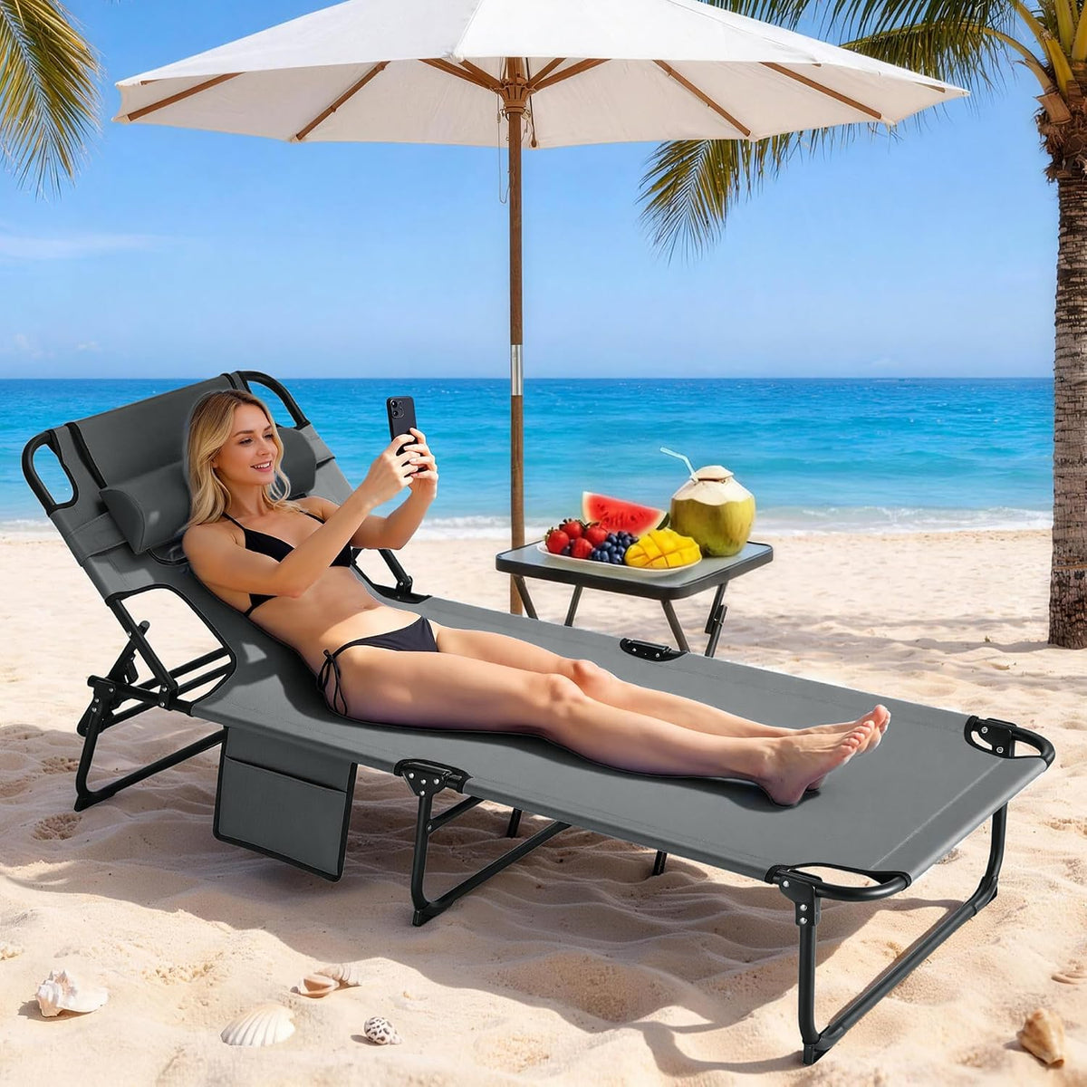 3-in-1 Sun Tanning Chair Outdoor Folding Chaise Lounge for Pool Beach, Grey