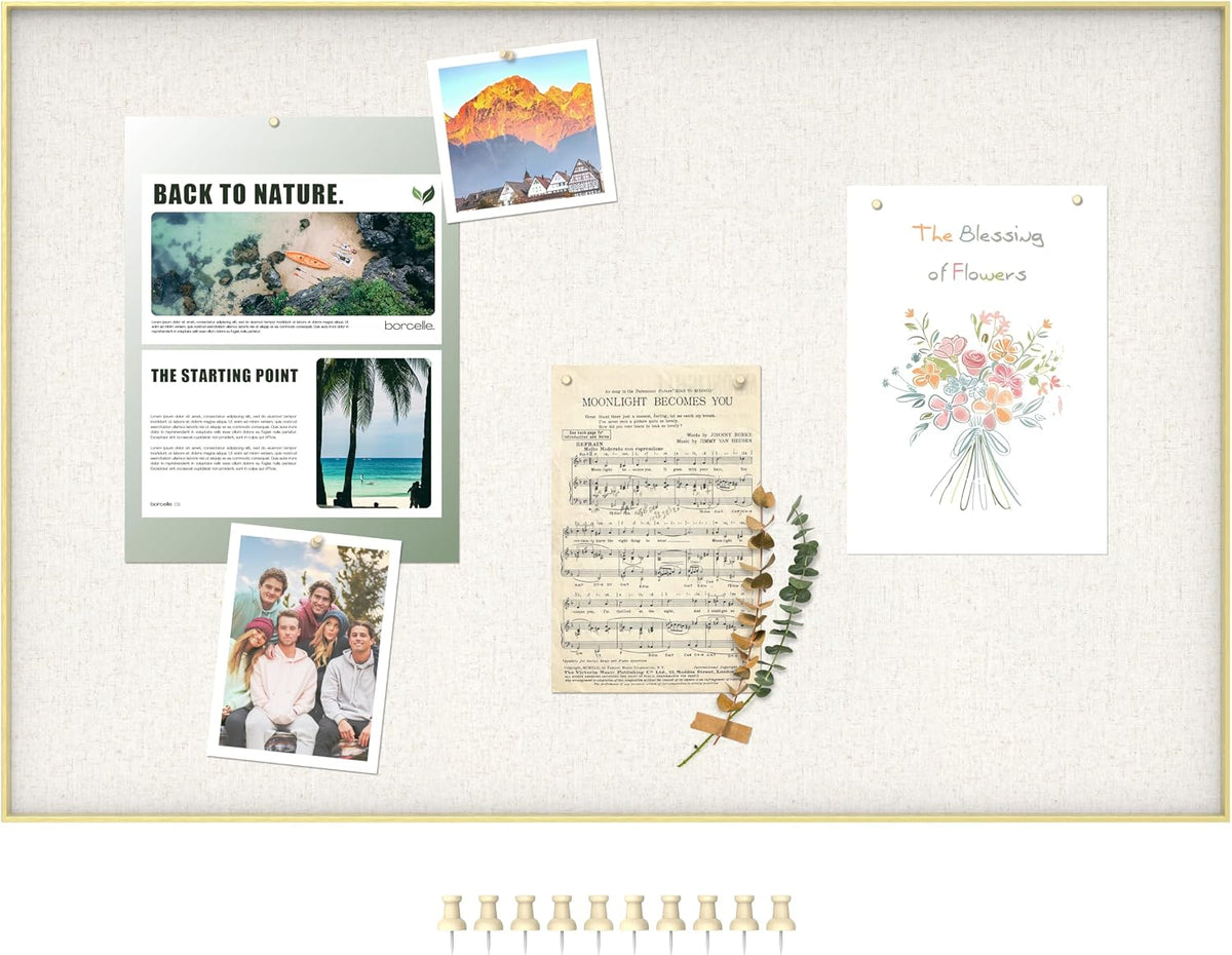 An&He Bulletin Board 24 x 36 Inches, Linen Pin Board with Sawtooth Hangers & 10 Push Pins, Wall Mounted Cork Notice Board for Office, Home, School, Classroom, Gold