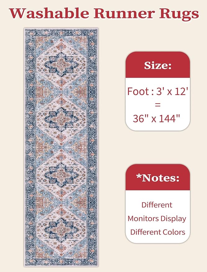 SERISSA Runner Rug for Hallways, 3x12 Washable Non Slip Kitchen Runner Rug