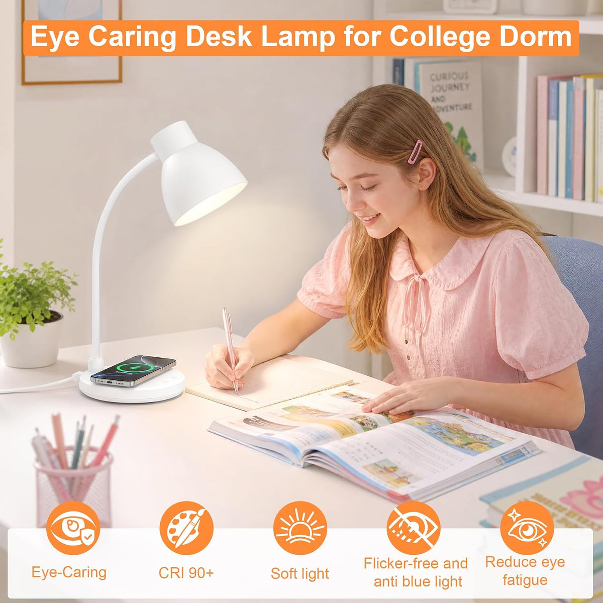 LED Desk Lamp for Home Office with Wireless Charger, White