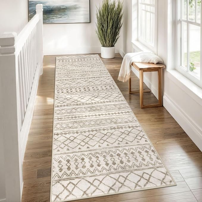 KUTA Moroccan Washable Runner Rug 2.6x8, Non-Slip Vintage Beige Boho Hallway
