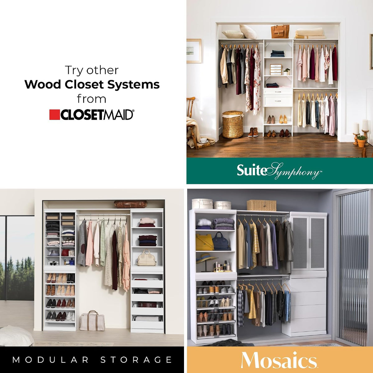 ClosetMaid SuiteSymphony Wood Closet Organizer Starter Kit with Tower and 3 Hang Rods, Shelves, Adjustable, Fits Spaces 5 – 10 ft. Wide, Natural Gray