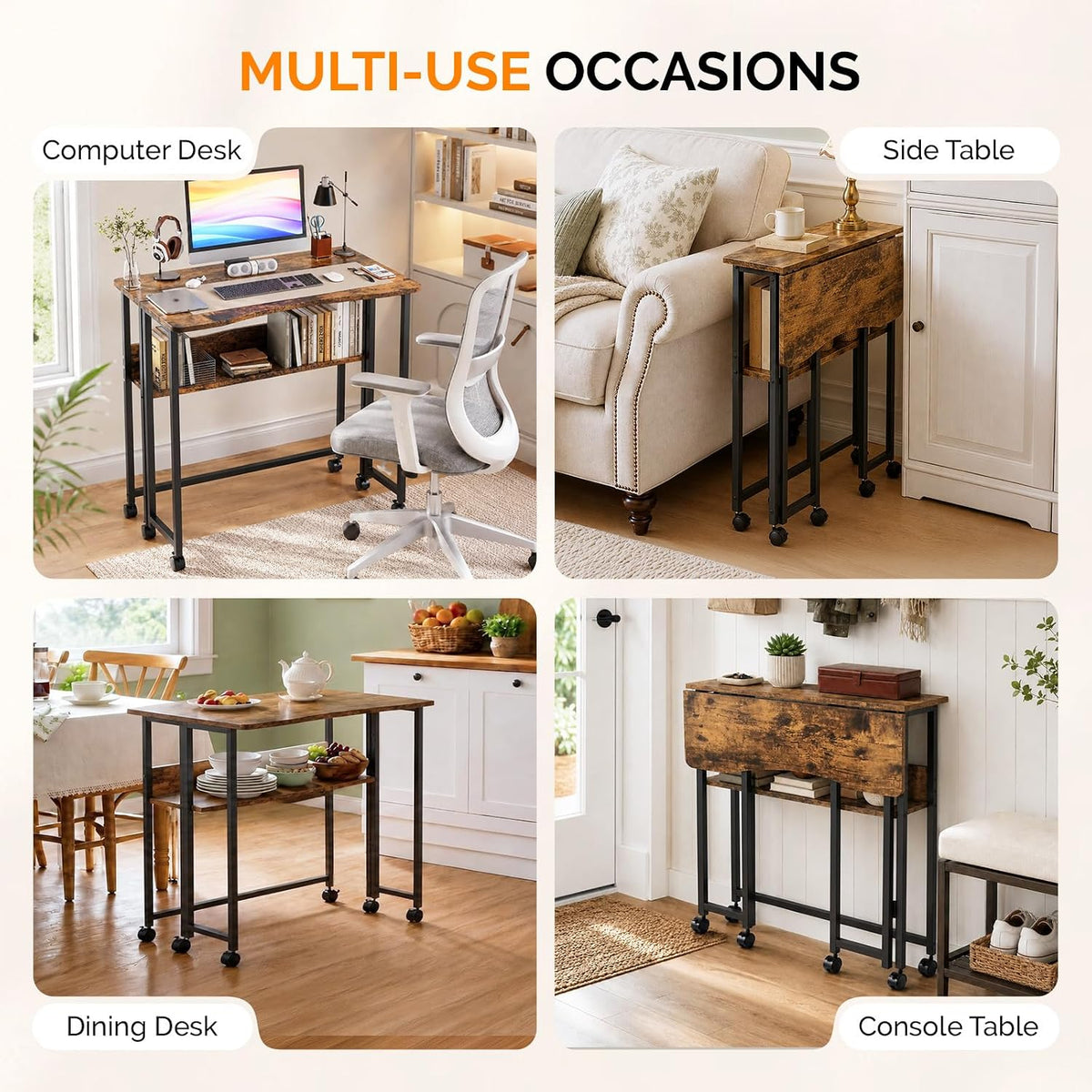 VINGLI 31.5 Inch Folding Computer Table, Small Rolling Desk with Storage Shelf, Space-Saving Sofa Table for Couch, Portable Writing Workstation Office Computer Desk, Brown