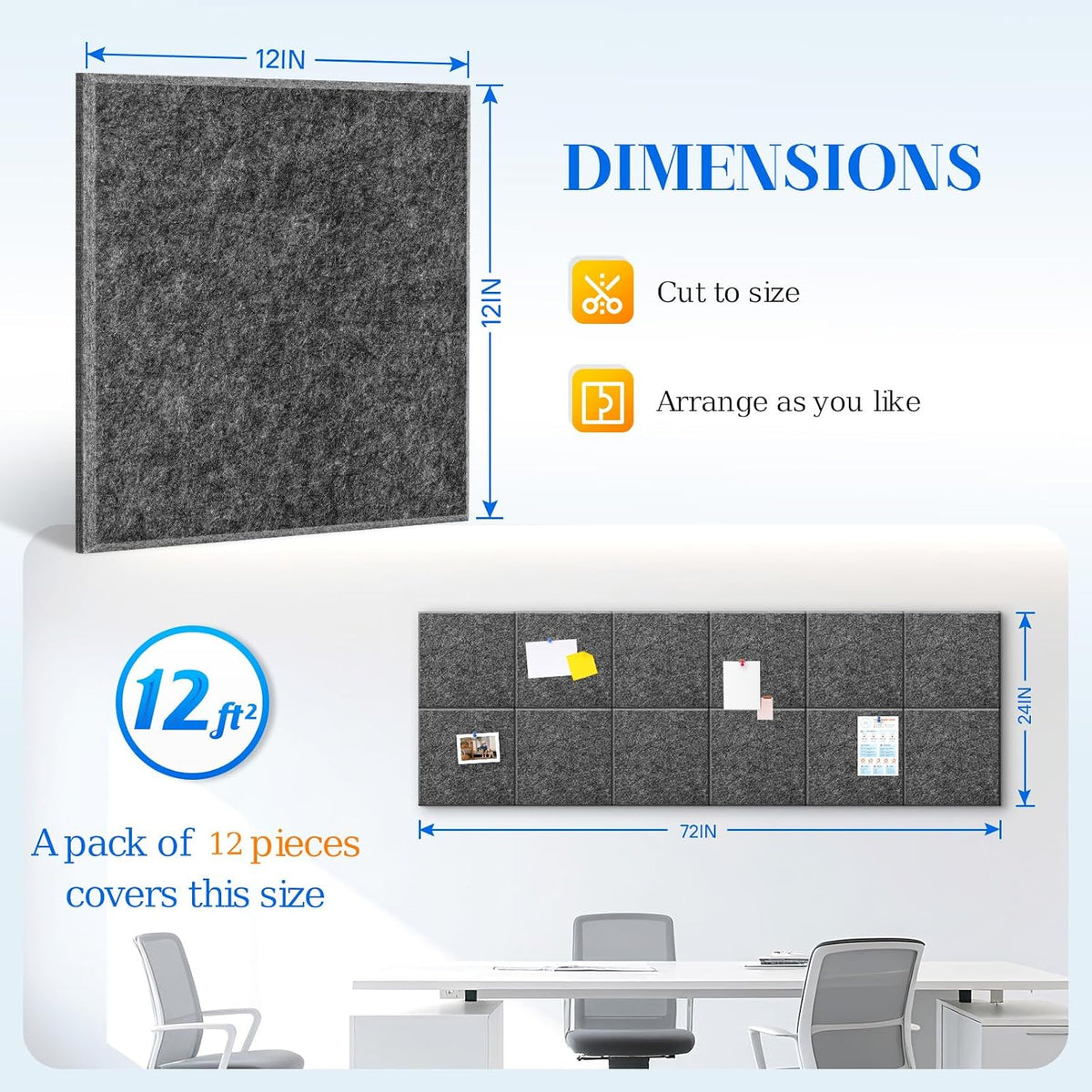 DOLLAR BOSS Felt Cork Board Tiles 48"x36" Bulletin Board, 12 Pcs Dark Grey
