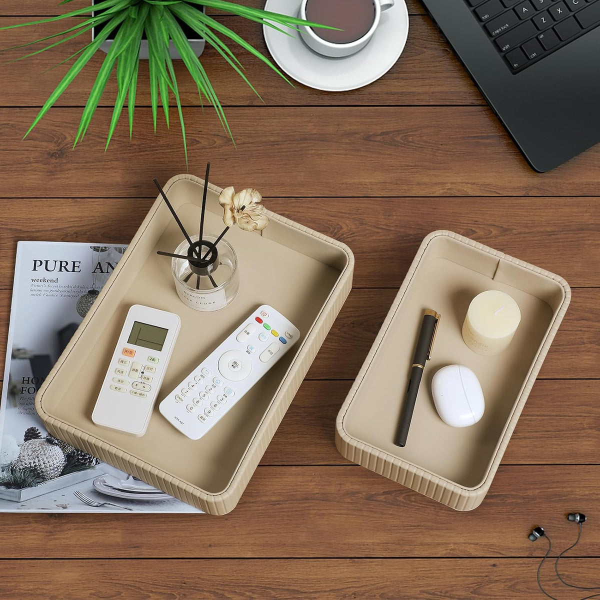 Desk Organizer Tray, PU Leather Nightstand Organizer, Beige 2-Pack