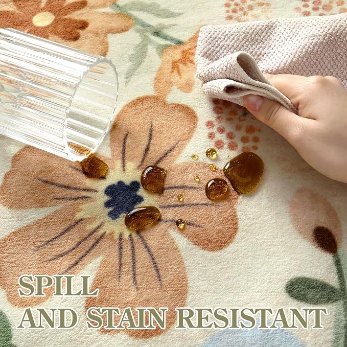 Lahome Floral Washable Round Area Rug, Soft Round Rugs 6ft Ultra-Thin Non-Slip