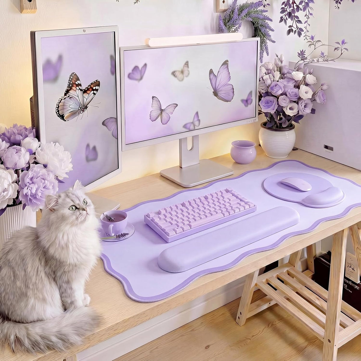 Sabary Scalloped Desk Mat Keyboard Mouse Pad Set Purple 35.5 x 15.7 Inch