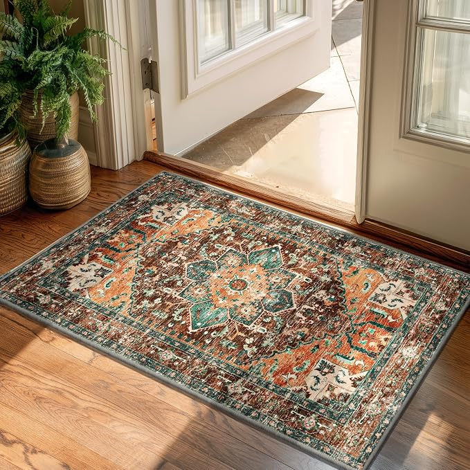 Yamaziot Washable Area Rug, 2x3 Small Entryway Rug Non-Slip Boho Vintage Rug