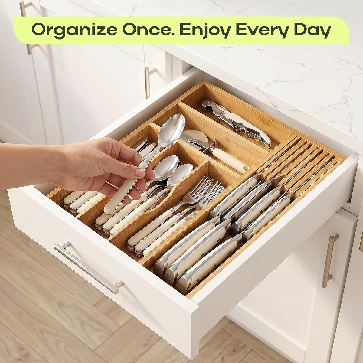 Drawer Organizer with Knife Block for Kitchen Organization, Bamboo Silverware Drawer Organizer, Compact Bamboo Cutlery Tray for Flatware and Utensils, Removable 7-Slot Knife Block for Kitchen Drawers