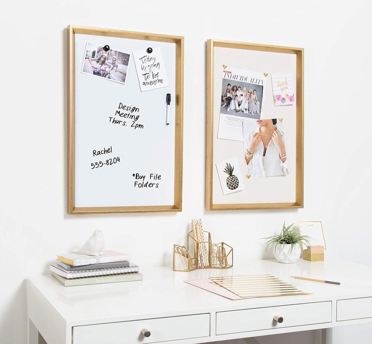 Kate and Laurel Calter Framed Magnetic Dry Erase Board, Gold 16.5 x 25.5