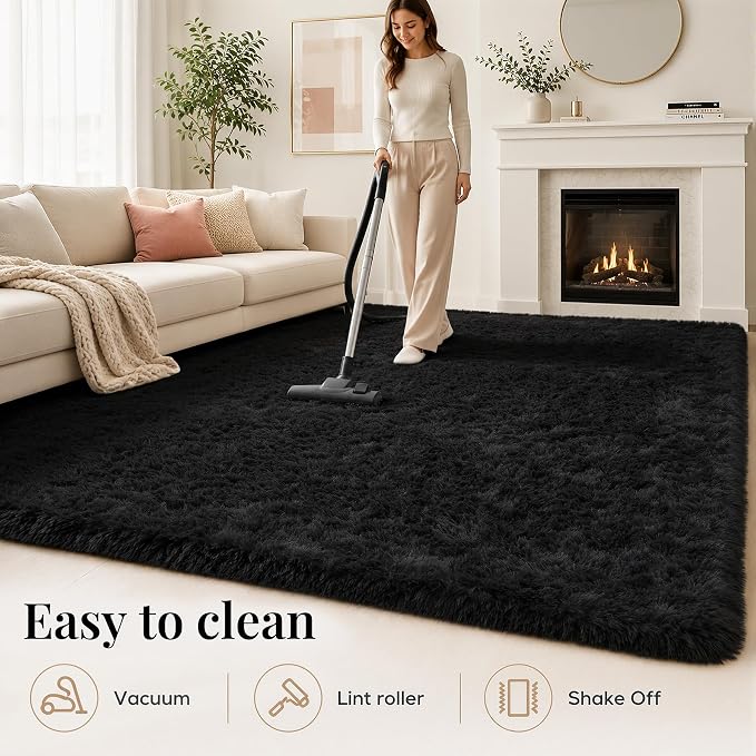 Area Rug for Living Room Bedroom: 9x12 Black Soft Fluffy Shag Upgrade Non-Slip