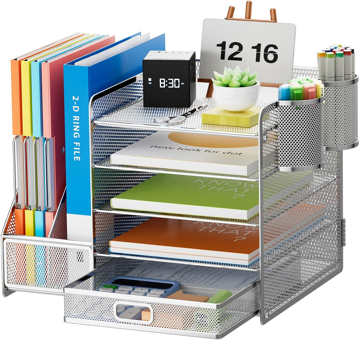 Marbrasse Desk Organizer with File Holder, 5-Tier Paper Letter Tray Organizer with Drawer and 2 Pen Holder, Mesh Desktop Organizer and Storage with Magazine Holder for Office Supplies (Silver)