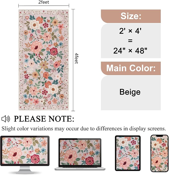 DUKINO 2x4 Rug for Entryway, Washable Kitchen Floral Runner Rug
