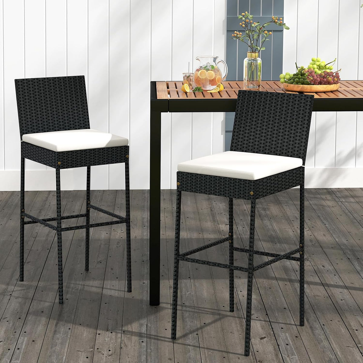 Tangkula Set of 2 Patio Wicker Barstools, Outdoor Bar Height Chair w/Soft Seat Cushion & Cozy Footrest, Heavy-Duty Metal Frame, 400 lbs Max Load, Mix Brown Rattan Bar Chair for Backyard, Balcony
