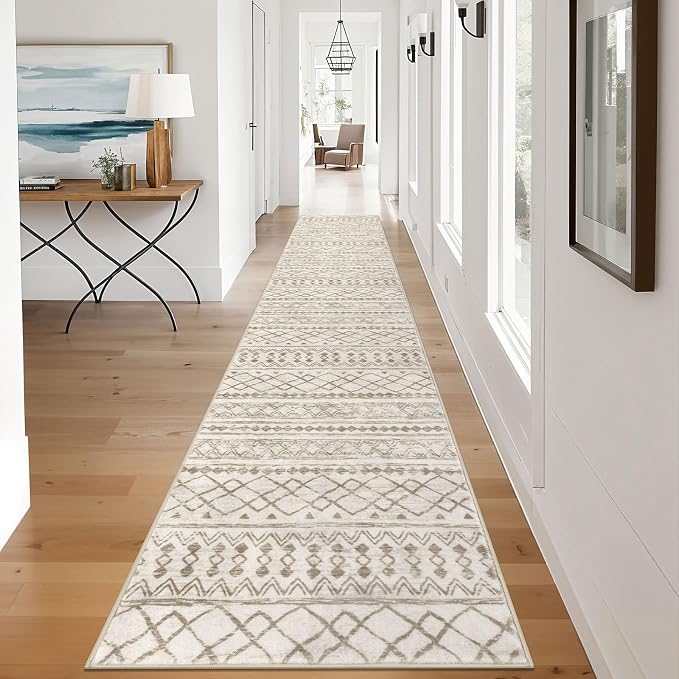 KUTA Moroccan Washable Hallway Runner Rug, 2.6x12 Non-Slip Vintage Beige Boho