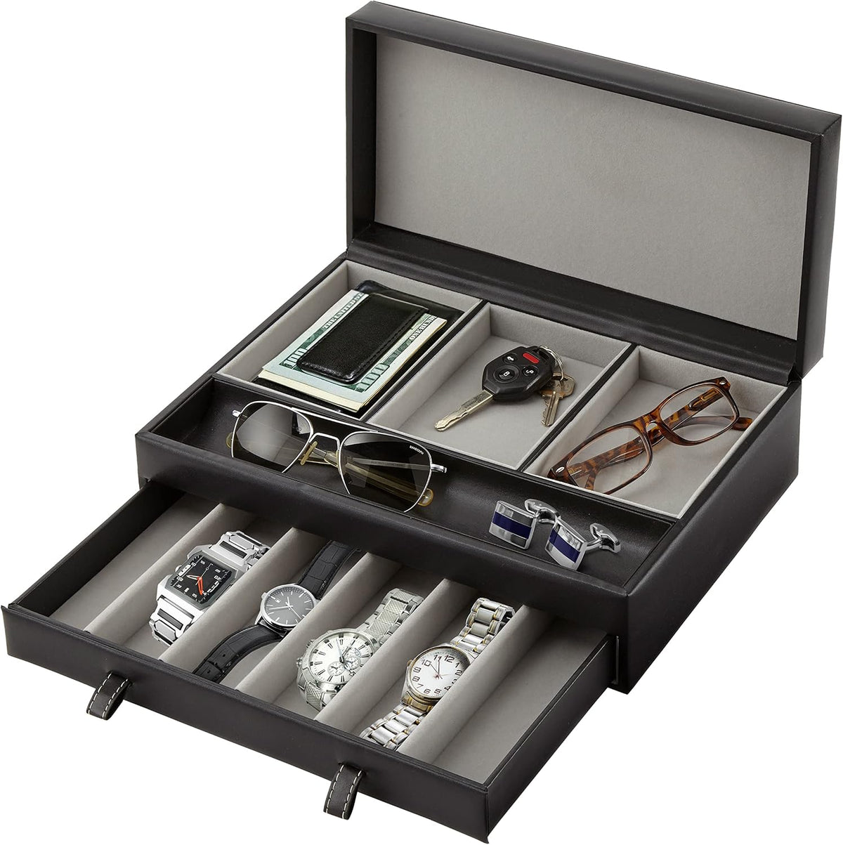Stock Your Home Mens Valet Tray, Men's Jewelry Box, Night Stand Organizers and Storage, Bedside Table Organizer, Watch Box for Dresser, Faux Leather (Black & Gray)