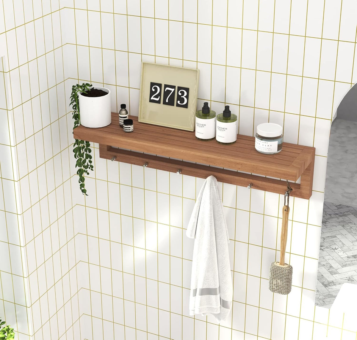 AquaTeak 36" Moa Teak Wall Shelf with Hooks