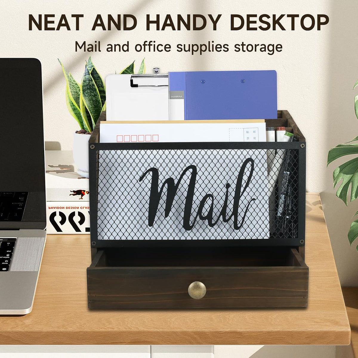 Wooden Mail Organizer with Drawer, 3 Compartments Desk Sorter