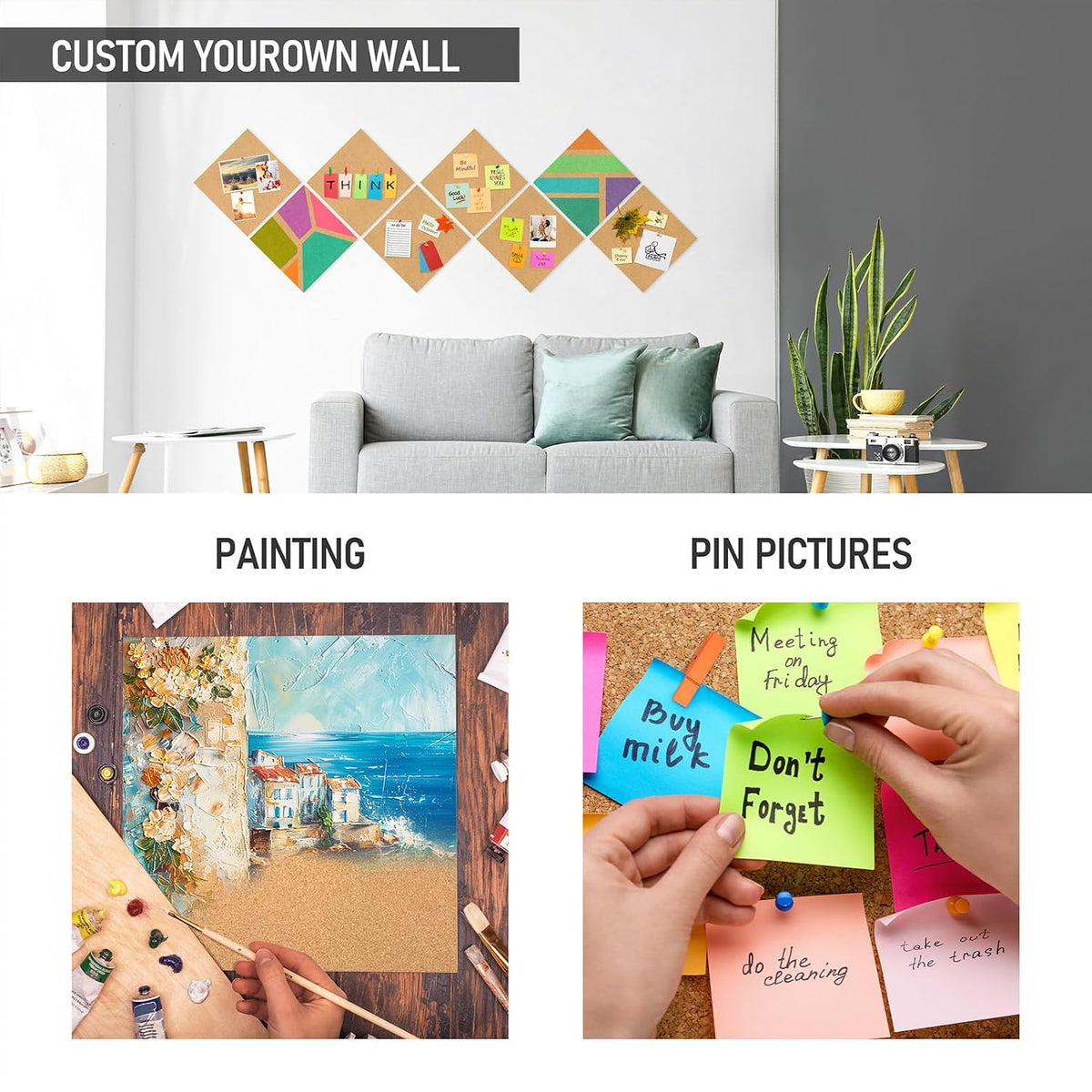 Cork Board Tiles - 8 Packs Adhesive Corkboards for Wall,Small Cork Board Decorations, CorkBoard Squares, Cork Sheet Decorative CorkBoard for Office, School & Home