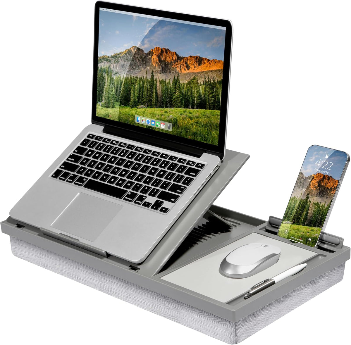 LAPGEAR Ergo Pro Lap Desk with 20 Adjustable Angles, Mouse Pad, and Phone Holder - Gray - Fits up to 15.6 Inch Laptops and Most Tablets - Style No. 49405