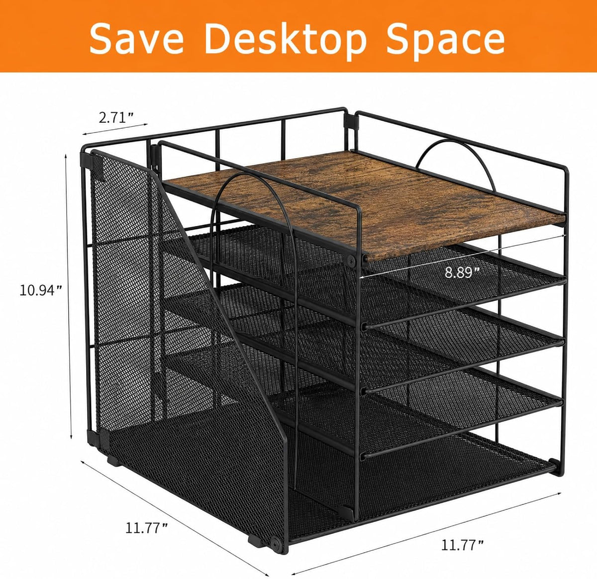 LEKETREE Desk Organizers and Accessories, 5-Tier Paper Letter Tray Organizer with File Holder, Desktop Organizer for Office Supplies (Wood)