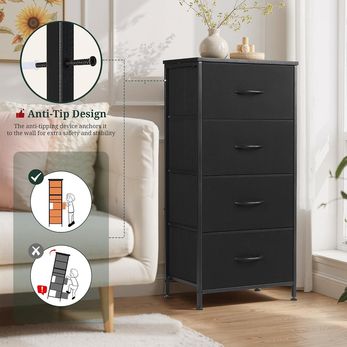 4 Drawers Dresser for Bedroom Fabric Storage Tower with Wooden Top