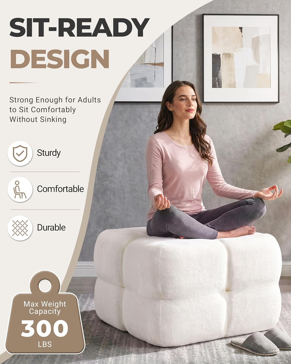 Bubble Chenille Ottoman, Foot Rest Stool for Couch, Beige
