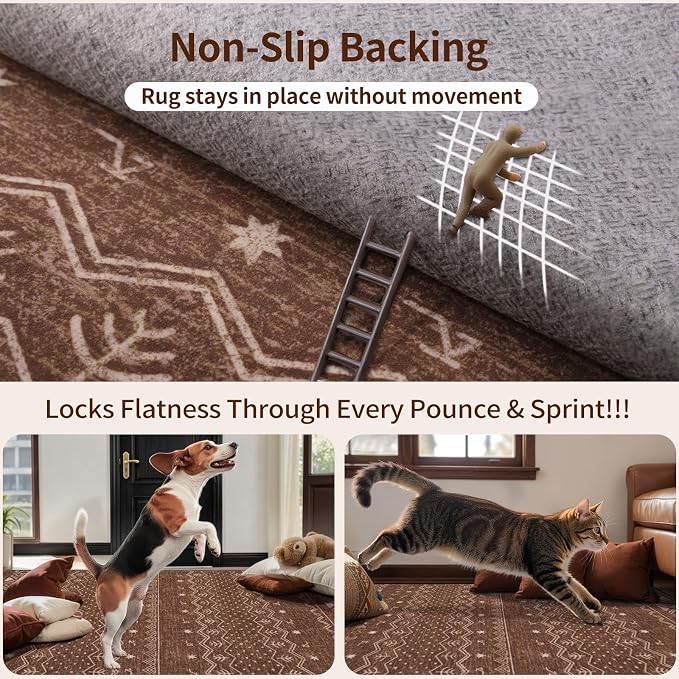 SERISSA 4x6 Area Rugs for Living Room, Washable Non-Slip Coffee Brown Boho Rug