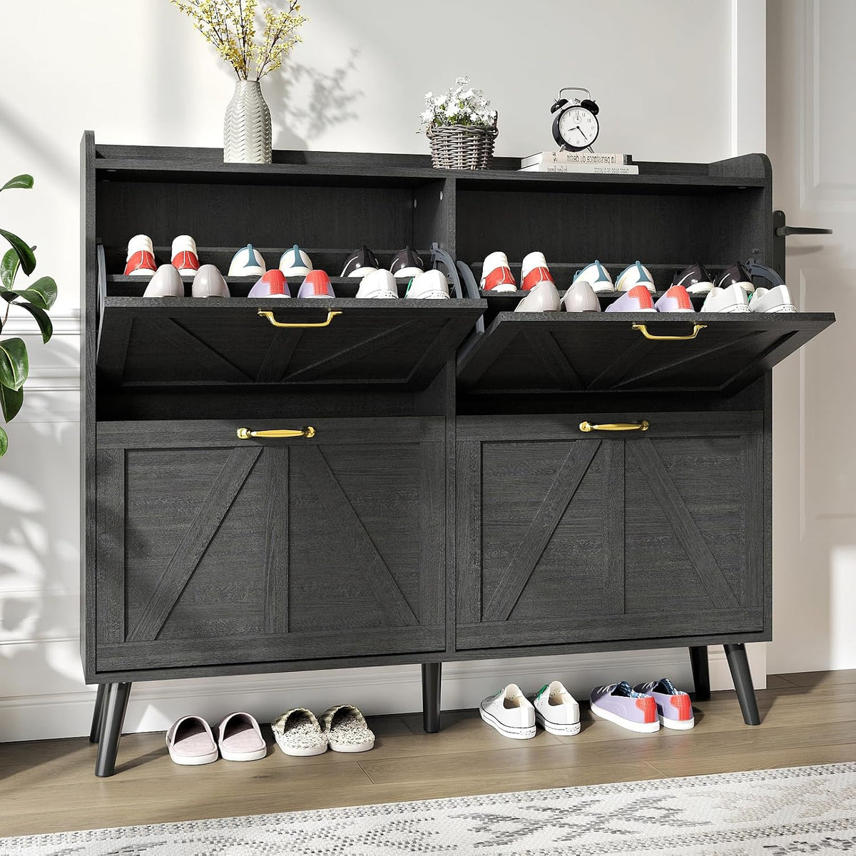 Farmhouse Shoe Cabinet Storage with 4 Flip Drawers, Black丨Shoe Cabinet for Entryway Slim, Freestanding Shoe Cabinet, Farmhouse Shoe Organizer Hidden Shoe Cabinets with Wooden Legs