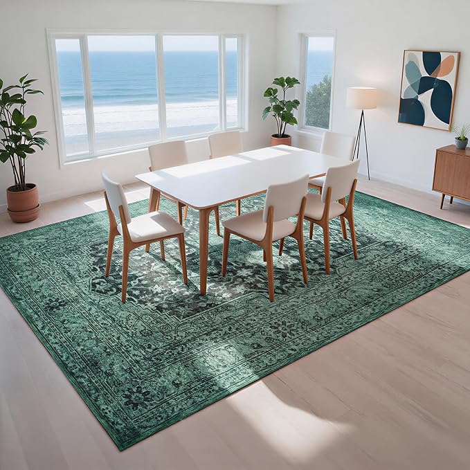 Washable Rugs 8x10 Area Rugs for Living Room- Vintage Green Rugs for Bedroom