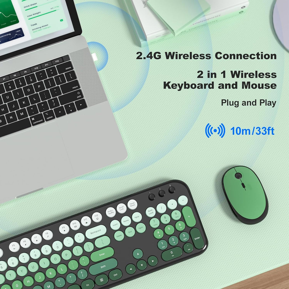 Wireless Keyboard and Mouse Combo, MOWUX Colorful Computer Full Size 2.4G Plug and Play Wireless Typewriter Keyboard and Mouse Set for Computer, Desktop, PC (Black Green Gradient)
