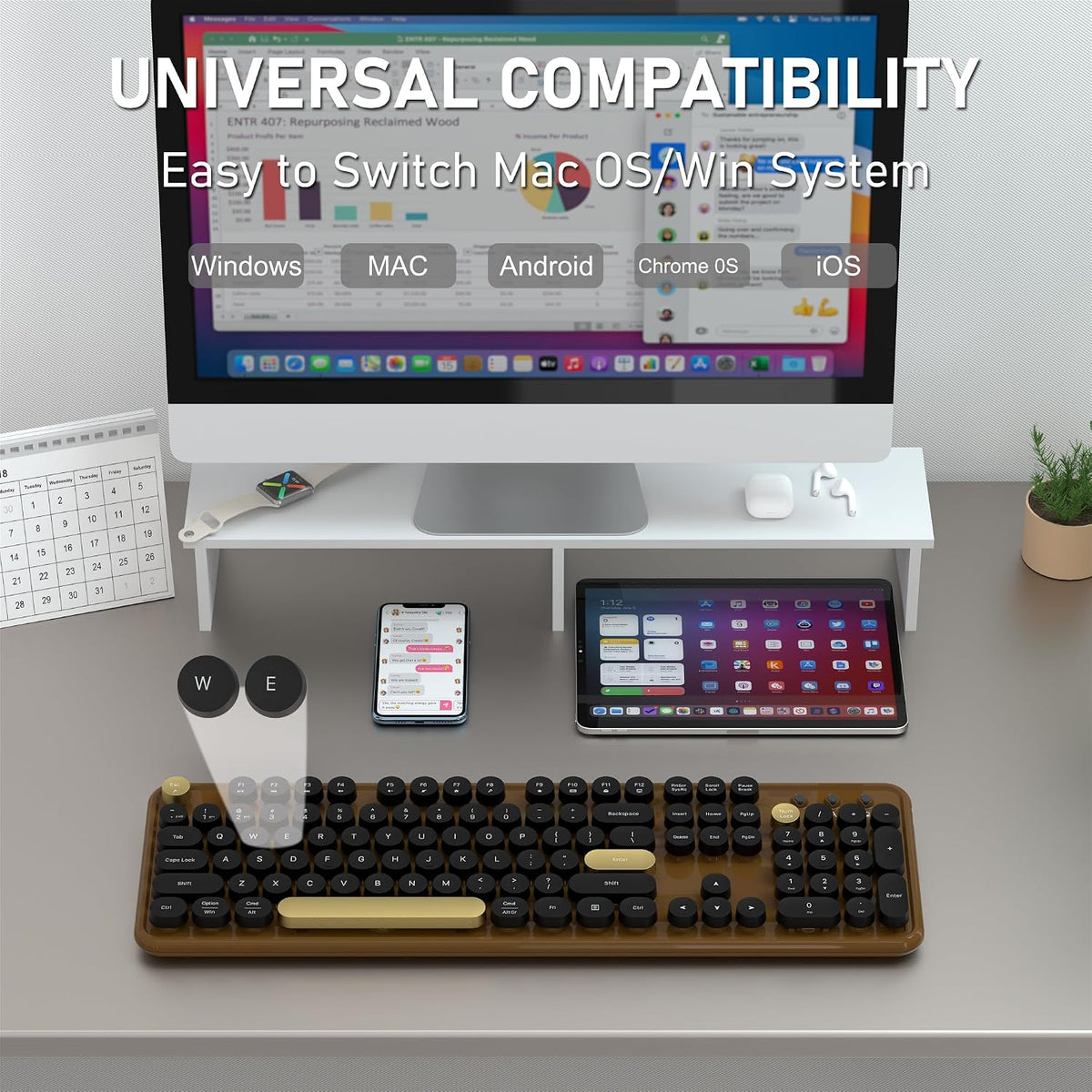 Colorful Wireless Bluetooth Keyboard (Black-Brown)