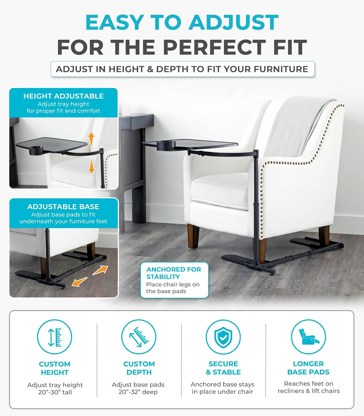 Stander Wonder Tray, Adjustable Swivel Table, Extra-Large Computer Stand, Couch Desk & Gaming Bench, TV-Trays for Eating on Couches, Chairs, Recliners with Laptop Wedges and Cup Holder, XL, Black