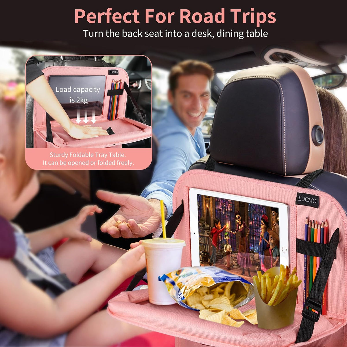 LUCMO Car Backseat Organizer with Foldable Tablet Holder, Pink