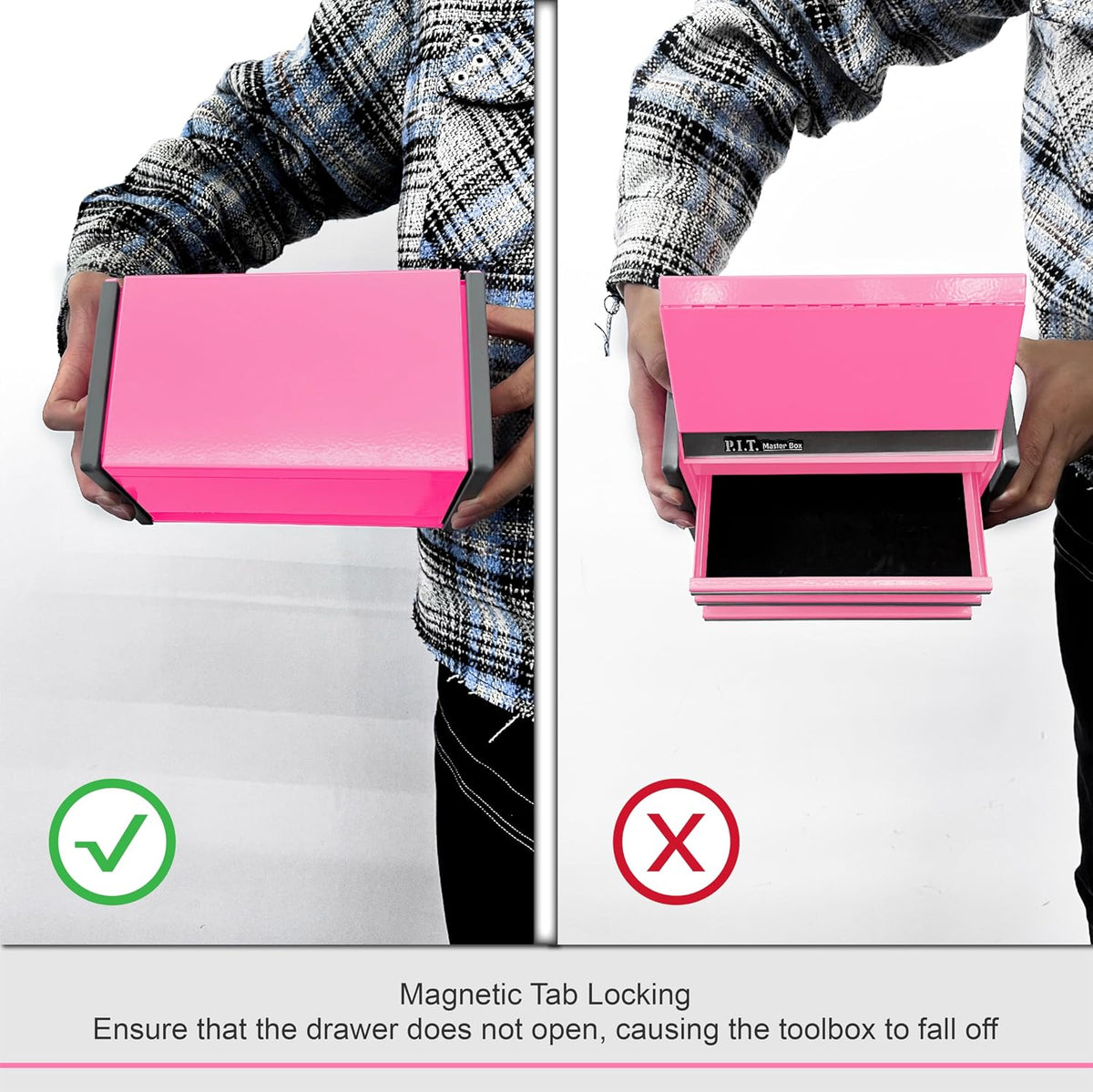 P.I.T. Mini Tool Box,3 Drawers Small Metal Toolbox for Tools Storage,Pink