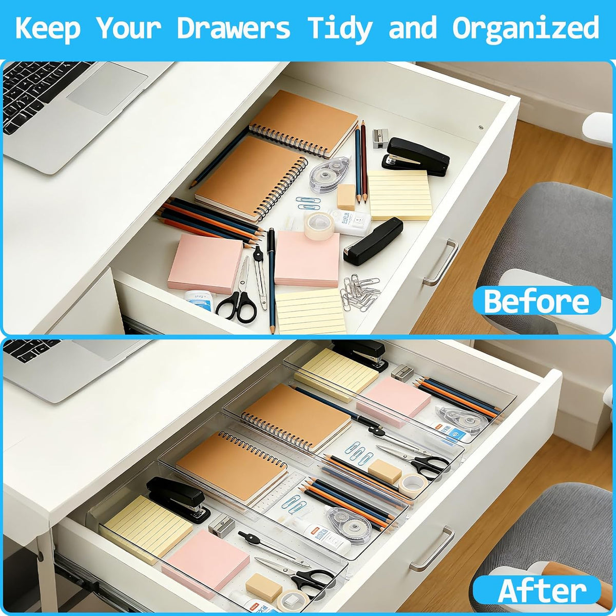 Manalete 8 Pcs Large Clear Plastic Drawer Organizer,15"x6" Vanity Organizer