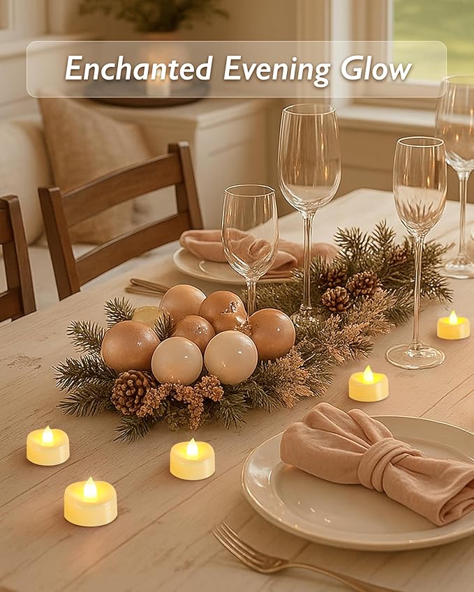Raycare 100 Pack LED Tea Lights Battery Operated, 200+Hour Flickering Votive Candles, Realistic Fake Flameless TeaLights for Wedding Party Halloween Thanksgiving Christmas Decorations,Ivory Base