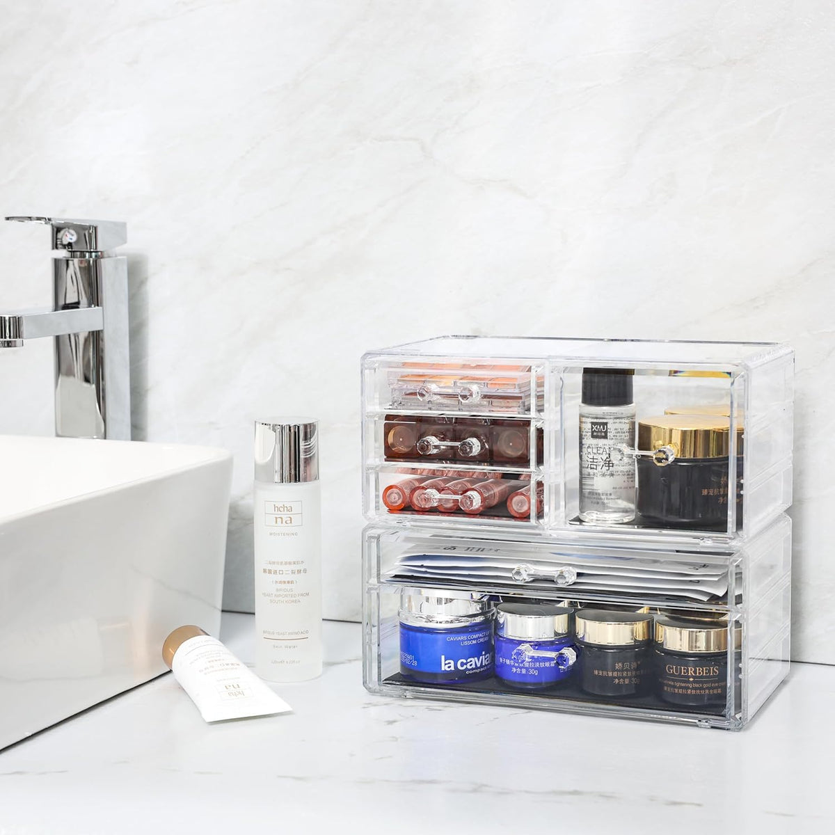 Cq acrylic 2 Pack Clear Desk Organizer With Drawers,Stackable 6 Drawers Skincare Organizer,Cute Skin Care Organizers for Vanity Hair Clip,Jewelry,Beauty Product Desk and Makeup Organizers Countertop