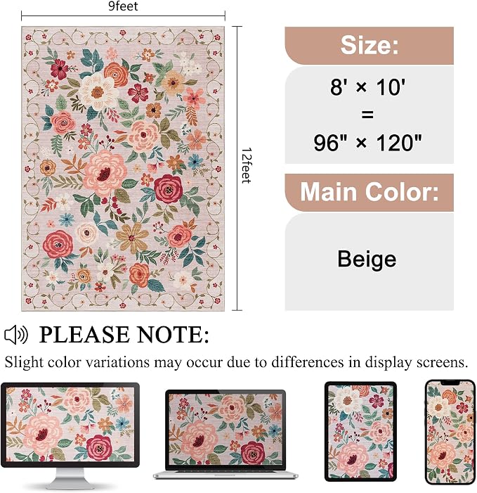 DUKINO 9x12 Area Rug, Floral Rugs