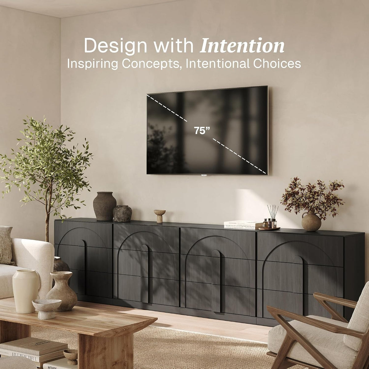 BELLEZE Sideboard Cabinet with 3 Drawers, Set of 4 Modern Wood Buffet Cabinet with Arc Design, Large Fluted Sideboard with Storage for Kitchen Living Room Entryway, Ebony
